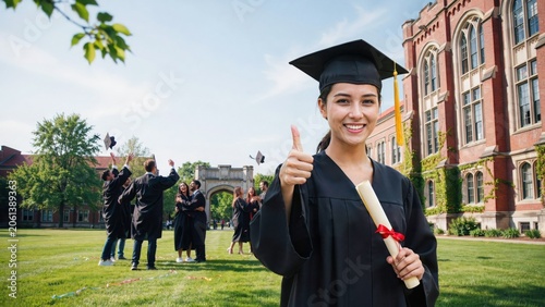 Smiling graduate in cap and gown with diploma gives thumbs up on university campus lawn.