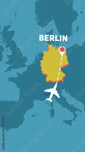 airplane flight to Berlin city in Germany - fly path over continent of Europe, tourism travel journey ideas - vertical