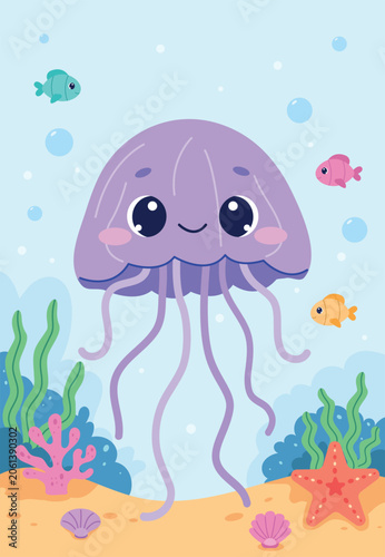 Decorative ocean-themed poster featuring sea jellyfish, coral reefs, and vibrant underwater scenes. Underwater world with sea creatures. Cute vector illustration hand drawn templates