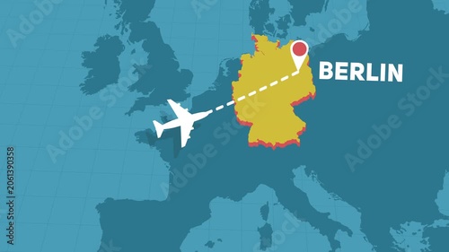 airplane flight to Berlin city in Germany - fly path over continent of Europe, tourism travel journey ideas