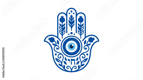 Hamsa Hand Amulet with Evil Eye and Pomegranate Symbols, Blue and White