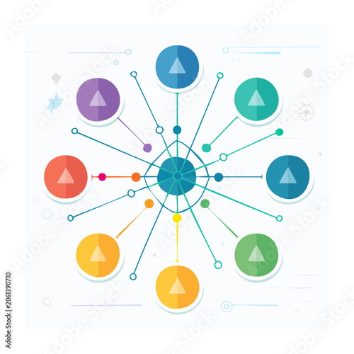 Colorful radial network diagram with nodes and connections