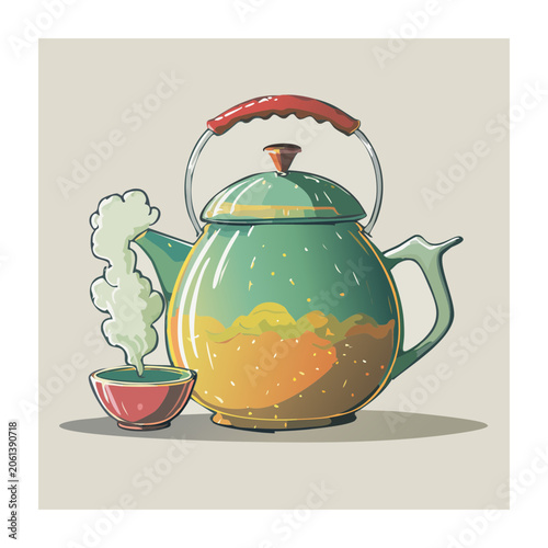 Colorful teapot and cup with steam illustration