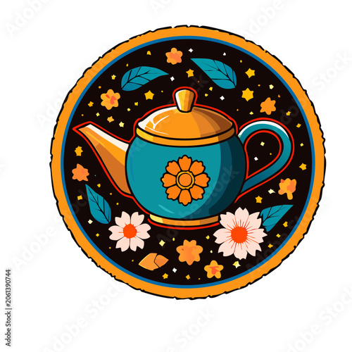 Colorful teapot with floral and star pattern illustration