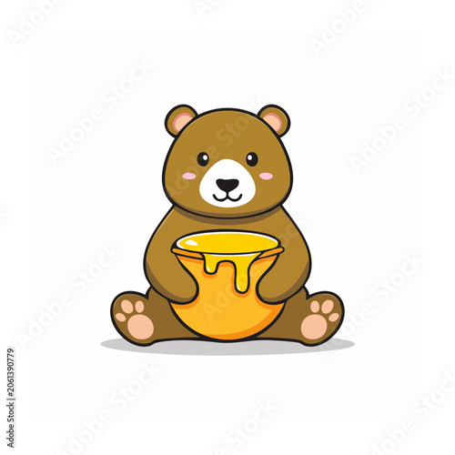 Cute cartoon bear holding a pot of dripping honey