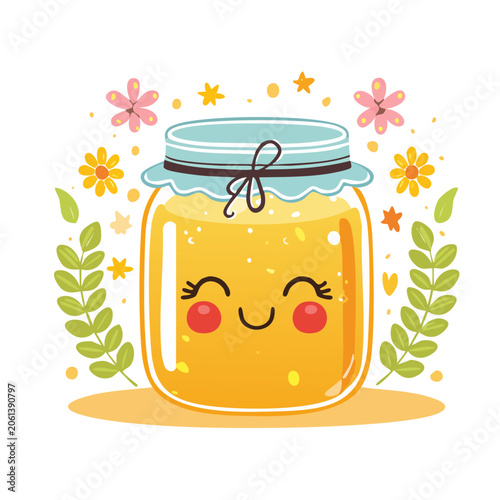 Cute cartoon honey jar with face and flowers