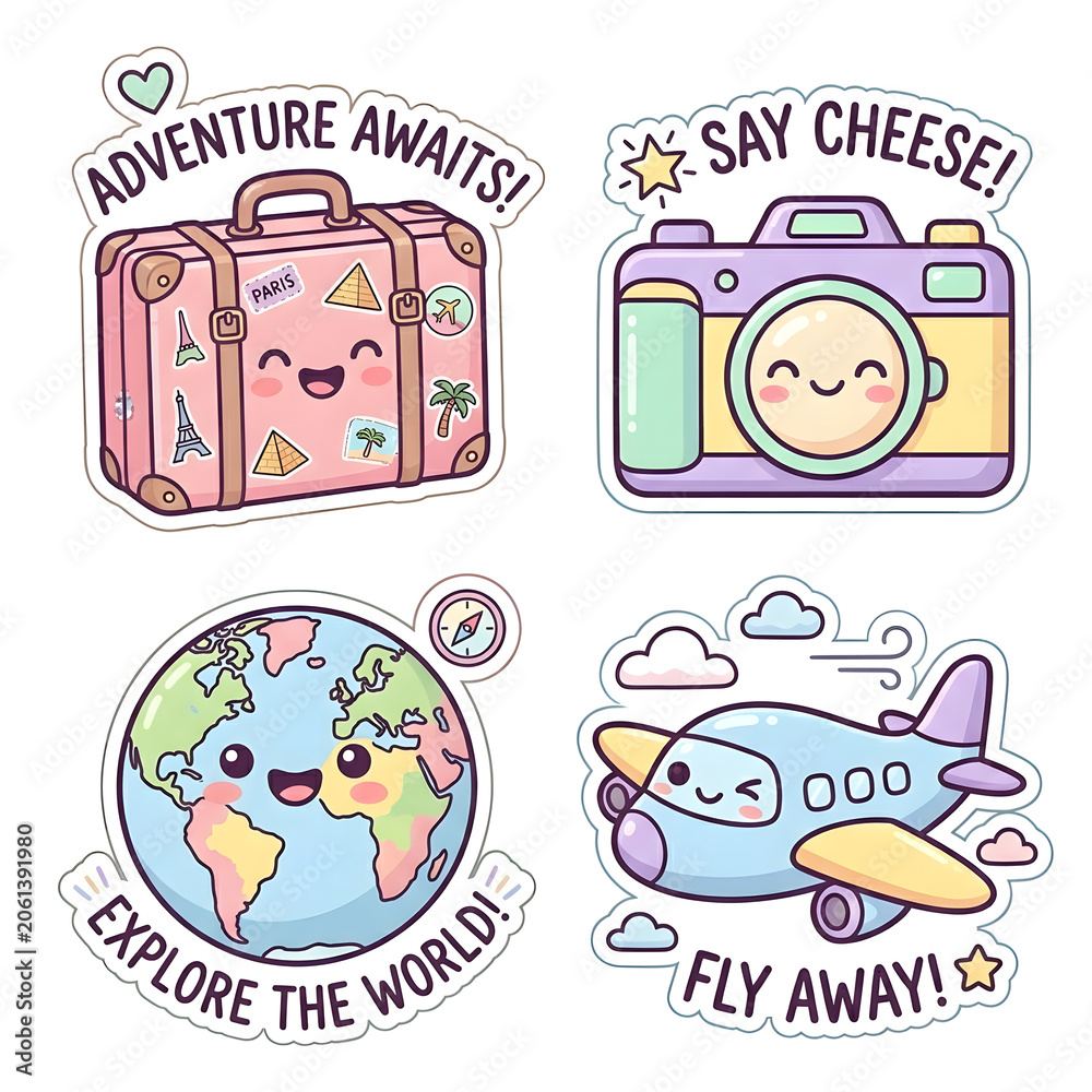 Fototapeta premium Cute Kawaii Travel Clipart Set with Smiling Suitcase, Camera, Globe, and Airplane Illustration