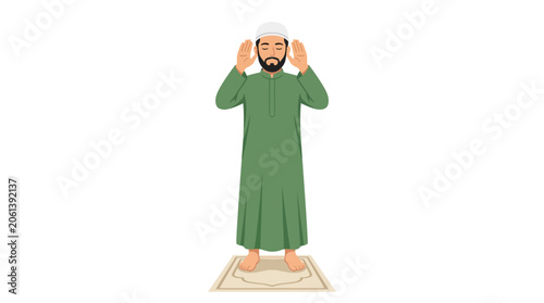 Muslim Man Praying on Prayer Mat, Wearing Traditional Thobe and Kufi Hat