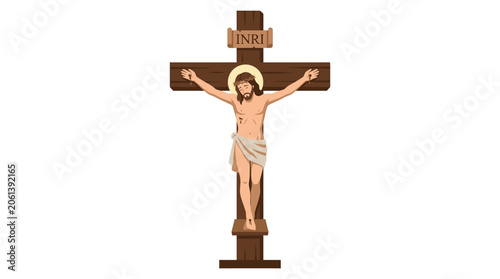 Jesus Christ Crucifixion on Wooden Cross with INRI Sign - Christian Symbolism