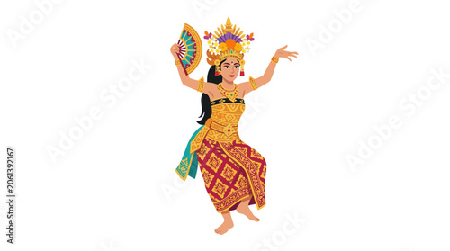 Balinese dancer in traditional costume with fan and headdress, performing gracefully