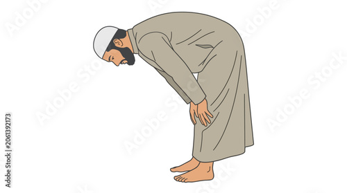 Muslim Man Performing Ruku Prayer Pose, Islamic Worship, Bowing Down