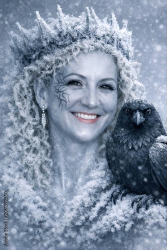 Snow Queen with a Raven – Elegant Fantasy Portrait. A captivating fantasy portrait of a radiant Snow Queen, her gentle smile bringing warmth to the icy beauty that surrounds her. Snow Queen pics