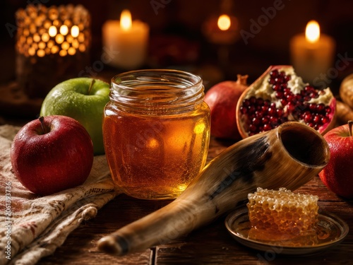 Rosh Hashanah Still Life: A symbolic still life arrangement features a jar of golden honey, crisp apples, a ripe pomegranate, and a shofar, illuminated by the soft glow of candlelight.