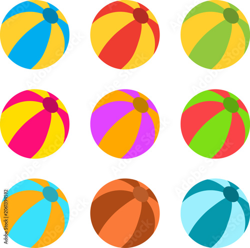 Colorful inflatable beach balls collection flat vector illustration isolated on white background.