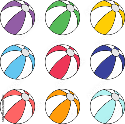 Set of nine colorful beach balls vectors with outlines isolated on white background.