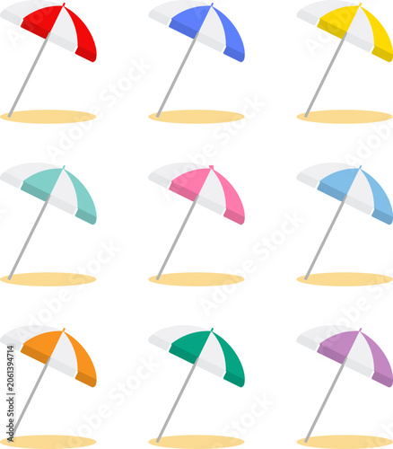 Set of nine colorful beach umbrellas vectors on sand isolated on white.