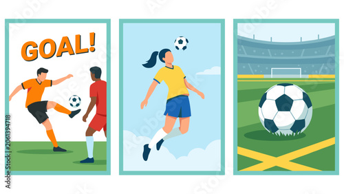 Vector Illustration Set of Soccer Players in Action and Football Ball on Stadium Field for Sports and Athletic Concept Designs