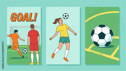 Set of vertical banners with soccer players playing football, scoring a goal, heading the ball, and corner kick on field