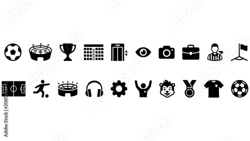 Professional Set of Soccer and Sports Event Management Icons featuring Ball, Trophy, Stadium, and Athletic Equipment for Game Planning and Analysis