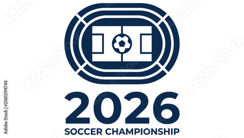 Minimalist vector logo illustration for 2026 soccer championship featuring stadium top view and ball graphic