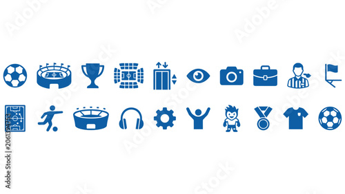 Versatile collection of modern vector icons encompassing sports, business, technology, and travel concepts, perfect for digital design, web interfaces, and infographics