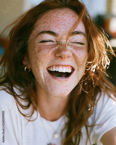 Woman with red hair and freckles laughing with joy. Portrait of a happy lady expressing genuine emotion and natural beauty. Concept of youth, positivity and healthy lifestyle.