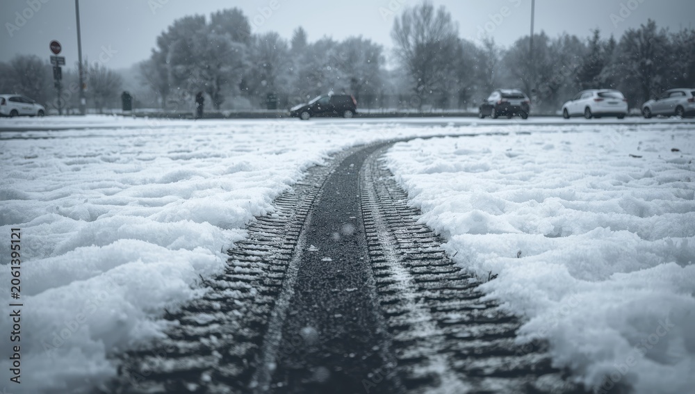 Naklejka premium snowy parking lot tire mark