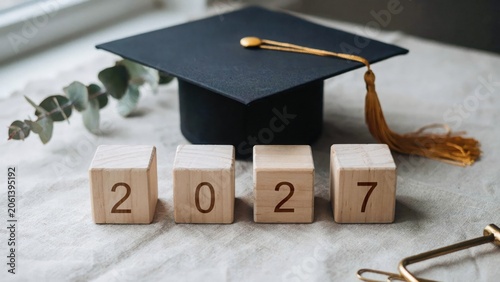 Wooden blocks with 2027 numbers in front of graduation cap and eucalyptus branch on textured fabric.
