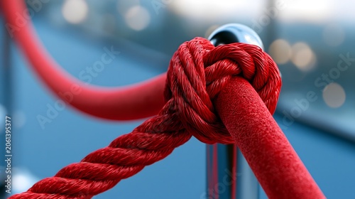 Red velvet rope barrier for event crowd control. Stanchion post with twisted cord for vip access management. Luxury entrance boundary for gala party opening, restricted queue area.