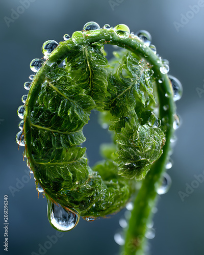 Green fern leaf frond unfurling with morning dew drops. Macro botanical detail of plant growth. Fresh nature environment in forest. Organic life cycle and ecology concept background.
