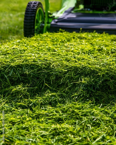 Lawn mower cutting tall green grass in field. Gardening equipment working on turf. Landscaping maintenance and yard work concept. Summer lawn care and garden hobby activity in backyard.