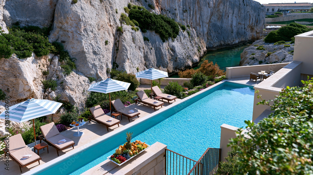 Fototapeta premium Luxury infinity pool at cliffside resort overlooking turquoise cove and dramatic coastal landscape
