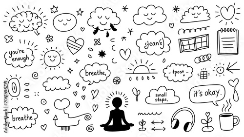 Mental health awareness doodles featuring meditation and positive affirmations.