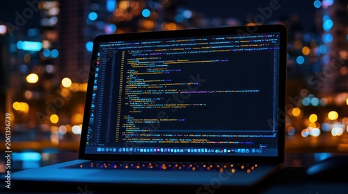 Plakat w ramie Night city coder laptop screen code programming