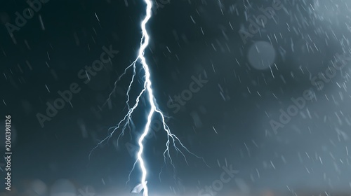 Lightning strike during heavy rainstorm. Bright electric discharge in dark cloudy sky. Dangerous weather condition, thunderstorm and dramatic natural phenomenon for climate change concept.