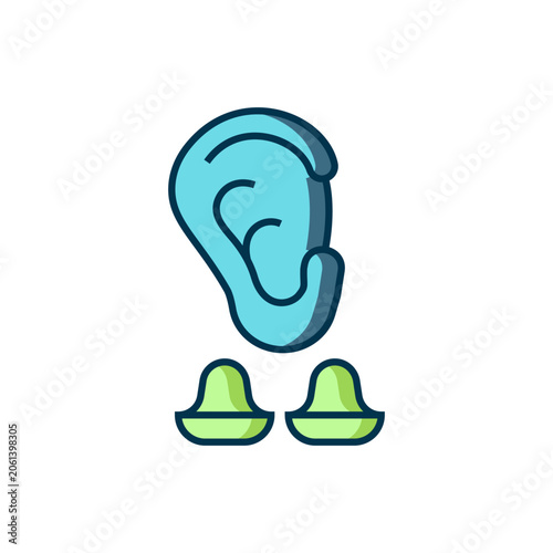 Filled outline Earplugs and ear icon isolated on white background. Ear plug sign. Noise symbol. Sleeping quality concept. Flat filled outline style with shadow. Vector