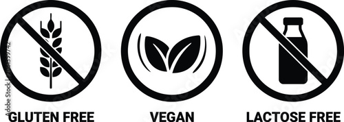 Cuadro en lienzo Set of Dietary Restriction Icons: Gluten Free, Vegan, and Lactose Free