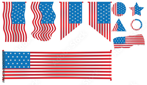 Patriotic American flag design elements set; vintage USA stars and stripes vector icon collection including banners, shapes, ribbons and stickers for 4th of July celebration poster