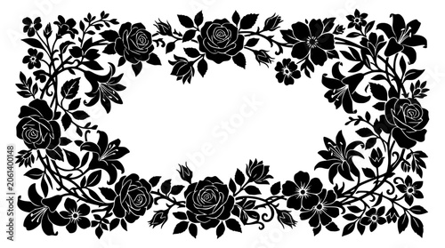 Black and white floral border silhouette with roses and lilies