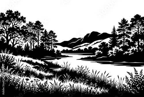 Black and White Nature Landscape Illustration with River Mountains and Forest