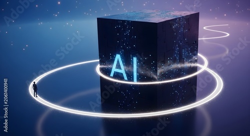 Futuristic Artificial Intelligence Monolith with Human Silhouette and Glowing Circuitry