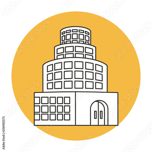 Billede på lærred Modern building with circular tower on yellow background icon