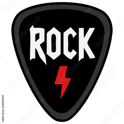 Plectrum Guitar - Bold Rock Music Logo with Red Lightning Strike Design on Black Shield Background
