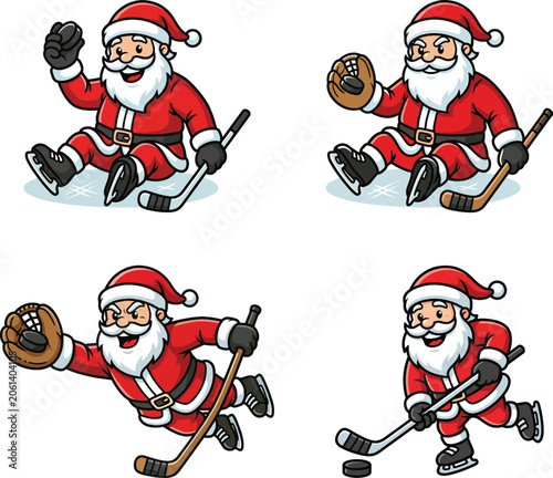 Photography Four cartoon santa clauses playing ice hockey in different poses