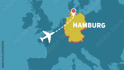 airplane flight air trip to Hamburg in Germany over map of Europe motion graphics animation