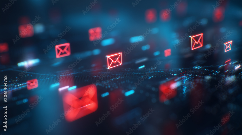 Fototapeta premium Cybersecurity phishing warning icons floating over dark digital network, realistic high-tech security background with glowing red alert symbols, blue data lights, shallow depth, on