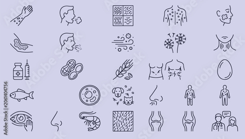 Canvastavla Medical allergy symptoms and common food allergens line icons set for healthcare