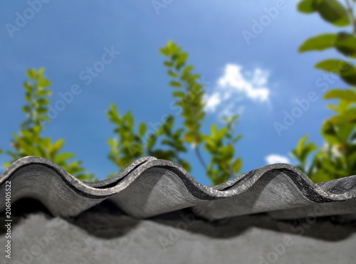 curve of the asbestos roof with a blurred background of guava leaf branches, during the day with a bright sky as a backdrop.