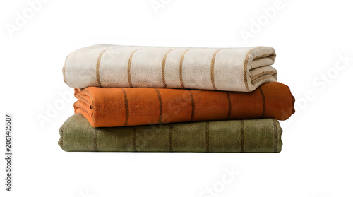 Soft Folded Cotton Bed Linens and Blankets in Neutral Earth Tones Stacked