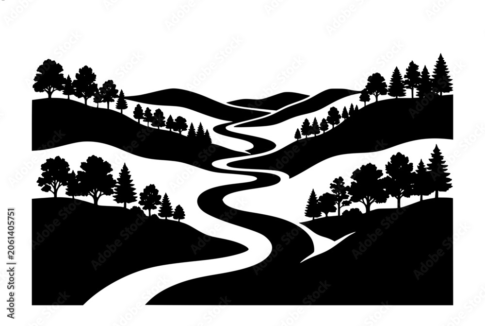 Obraz premium Minimalist Black and White Landscape Silhouette with Winding Path and Trees